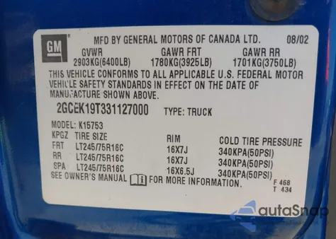 2003 Chevrolet Silverado 1500 Ls from USA, damaged, VIN 2GCEK19T331127000